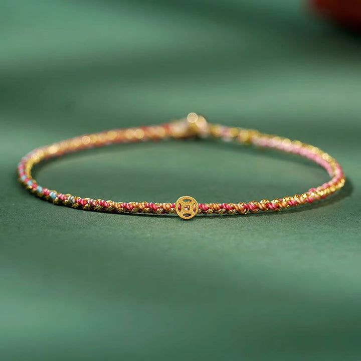 Buddha Stones Colorful Rope Luck Coin Bead Abundance Extra Thin Braided Bracelet - Pink - Rope With Copper Coin - 20cm - image 16