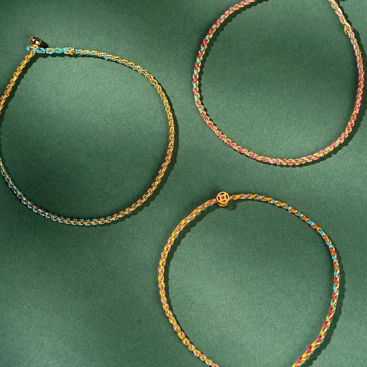 Buddha Stones Colorful Rope Luck Coin Bead Abundance Extra Thin Braided Bracelet
