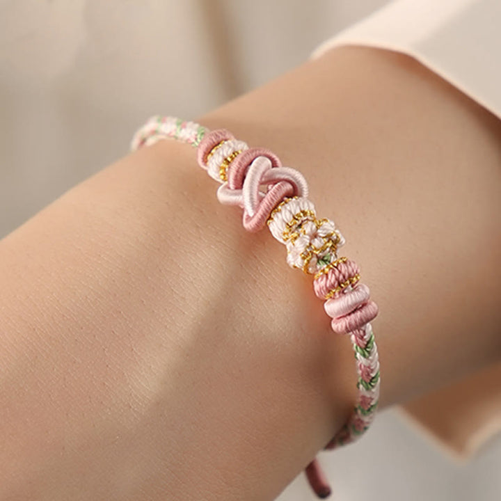 Buddha Stones Handcrafted Peach Blossom Peace Knot Colorful Rope Adjustable Bracelet
