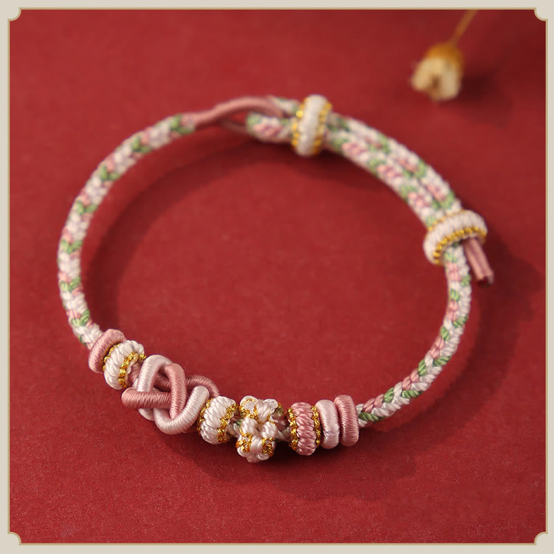 Buddha Stones Handcrafted Peach Blossom Peace Knot Colorful Rope Adjustable Bracelet