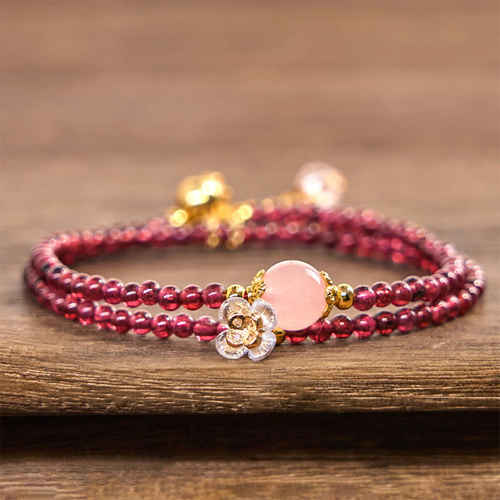 Buddha Stones Natural Flower Garnet Pink Crystal Calm Double Wrap Bracelet