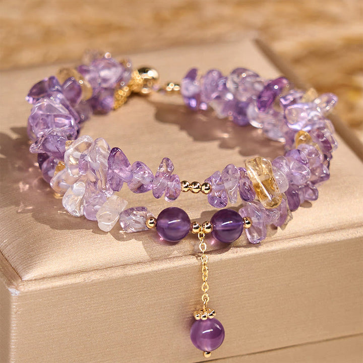Buddha Stones Irregular Natural Amethyst Citrine Gravel Meditation Double Layer Bracelet