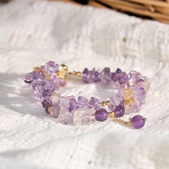Buddha Stones Irregular Natural Amethyst Citrine Gravel Meditation Double Layer Bracelet