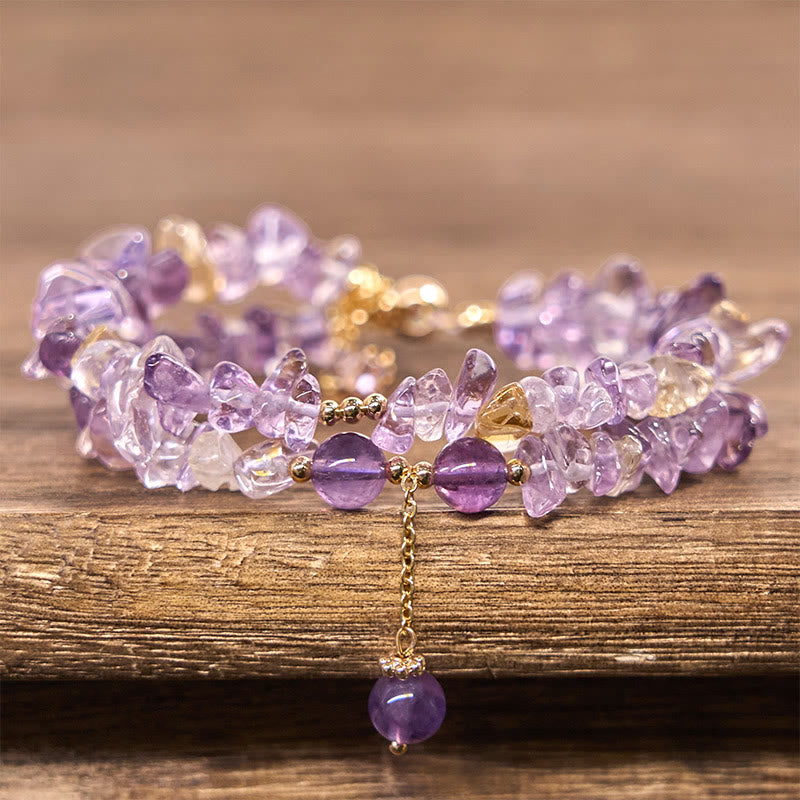 Buddha Stones Irregular Natural Amethyst Citrine Gravel Meditation Double Layer Bracelet