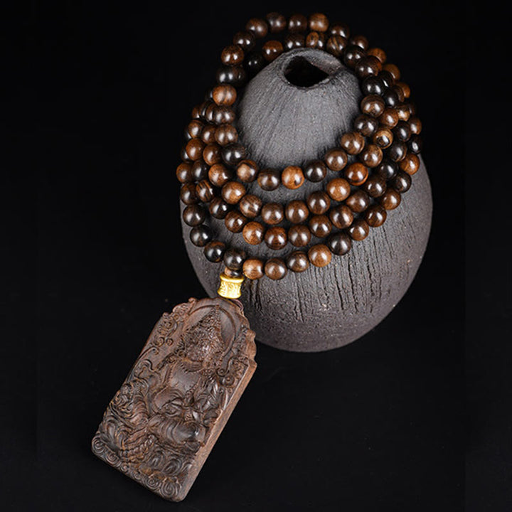 Buddha Stones Qinan Agarwood Avalokitesvara Yellow God of Wealth Strength Bead Necklace Pendant