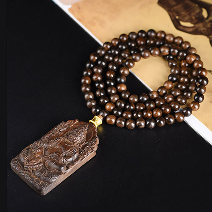 Buddha Stones Qinan Agarwood Avalokitesvara Yellow God of Wealth Strength Bead Necklace Pendant