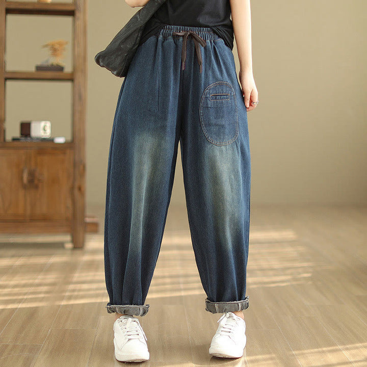 Buddha Stones Casual DarkSlateBlue Plain Drawstring Cotton Women's Harem Pants With Pockets