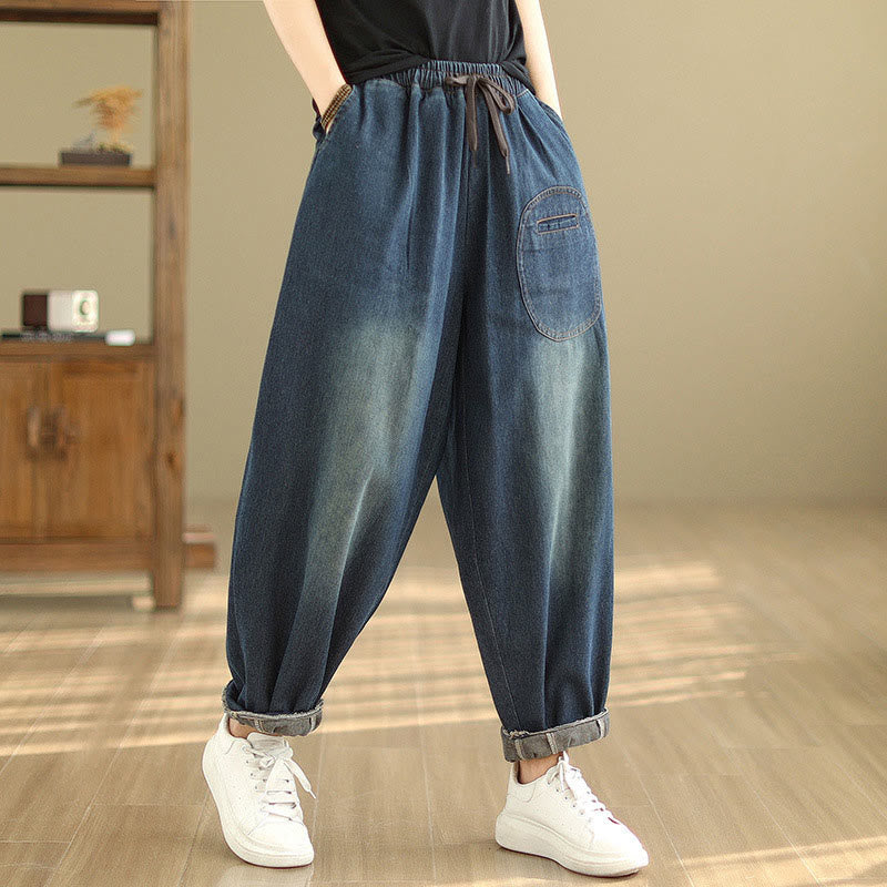Buddha Stones Casual DarkSlateBlue Plain Drawstring Cotton Women's Harem Pants With Pockets