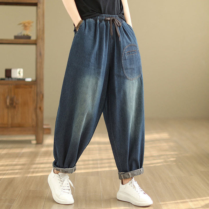 Buddha Stones Casual DarkSlateBlue Plain Drawstring Cotton Women's Harem Pants With Pockets