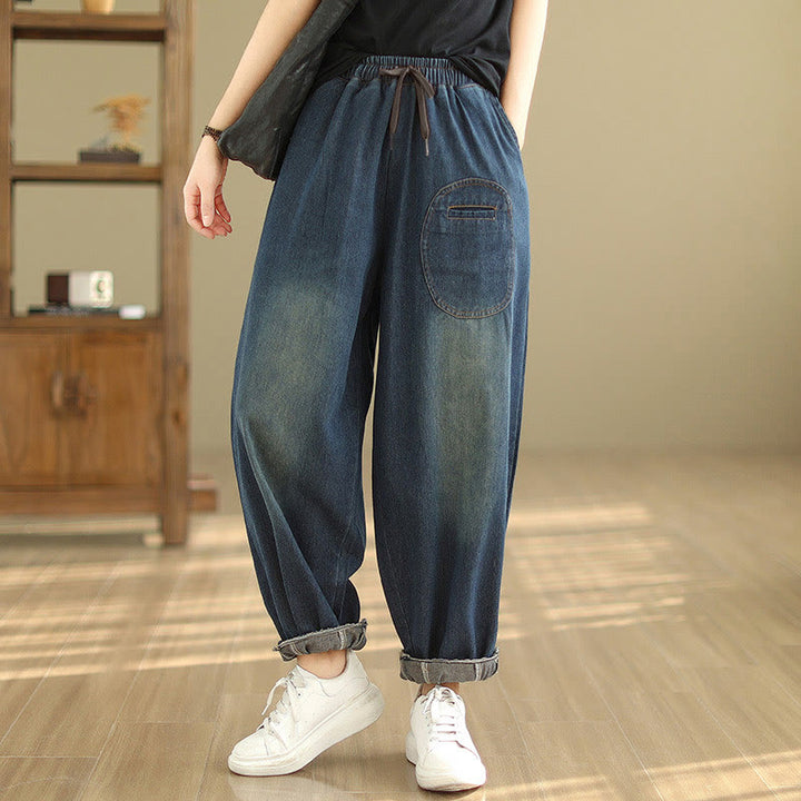 Buddha Stones Casual DarkSlateBlue Plain Drawstring Cotton Women's Harem Pants With Pockets - image 1