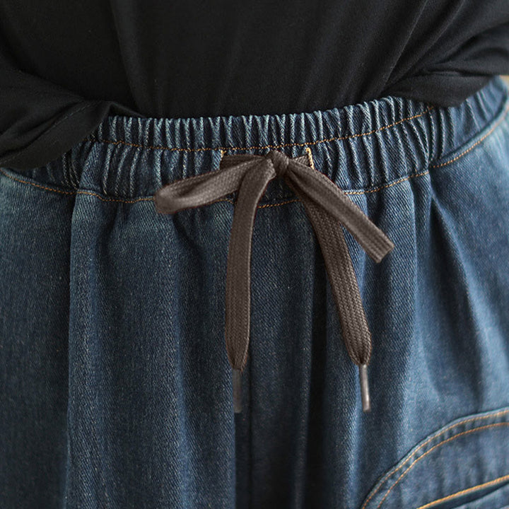 Buddha Stones Casual DarkSlateBlue Plain Drawstring Cotton Women's Harem Pants With Pockets