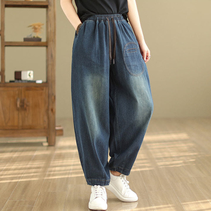 Buddha Stones Casual DarkSlateBlue Plain Drawstring Cotton Women's Harem Pants With Pockets