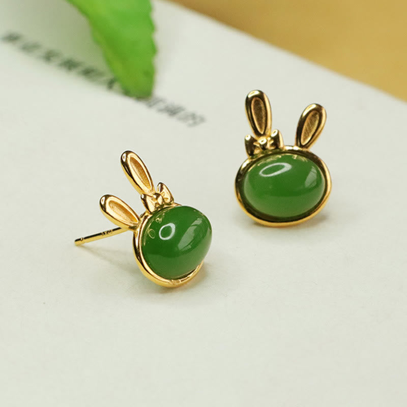 Buddha Stones 925 Sterling Silver Hetian Cyan Jade Cute Rabbit Luck Stud Earrings - image 1