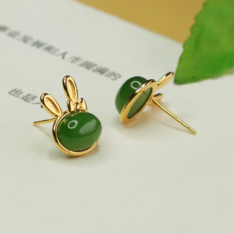 Buddha Stones 925 Sterling Silver Hetian Cyan Jade Cute Rabbit Luck Stud Earrings - image 2