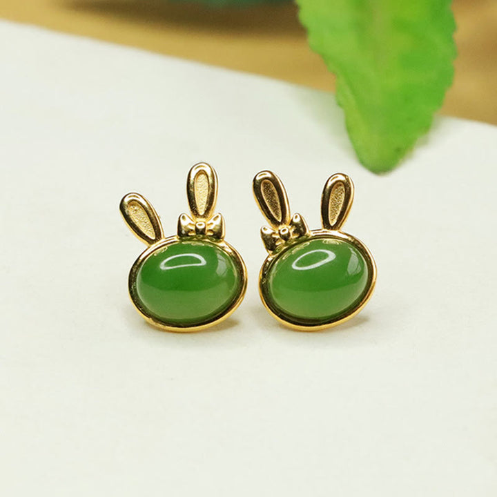 Buddha Stones 925 Sterling Silver Hetian Cyan Jade Cute Rabbit Luck Stud Earrings - Hetian Cyan Jade(Success♥Healing) - image 0