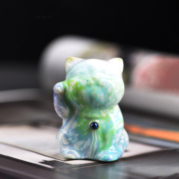 Buddha Stones Cute Mini Cat Rosewood Lacquer Craft Warmth Decoration Random Color(Blind Box) - Blue Series(Random Blue Color) - image 7
