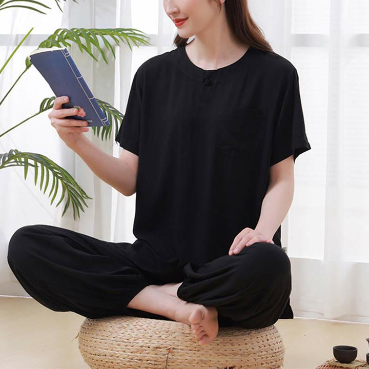 Buddha Stones 2pcs Plain Color Frog-Button Simple Design Crew Neck Design Half Sleeve Shirt Top Elastic Waist Pants Meditation Zen Tai Chi Cotton Clothing Women's Set