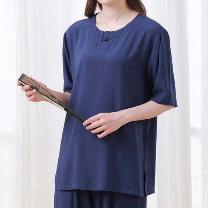 Buddha Stones 2pcs Plain Color Frog-Button Simple Design Crew Neck Design Half Sleeve Shirt Top Elastic Waist Pants Meditation Zen Tai Chi Cotton Clothing Women's Set - image 24