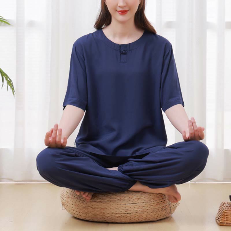 Buddha Stones 2pcs Plain Color Frog-Button Simple Design Crew Neck Design Half Sleeve Shirt Top Elastic Waist Pants Meditation Zen Tai Chi Cotton Clothing Women's Set