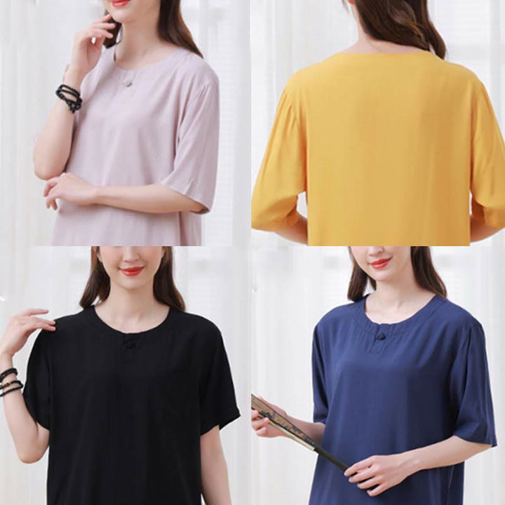 Buddha Stones 2pcs Plain Color Frog-Button Simple Design Crew Neck Design Half Sleeve Shirt Top Elastic Waist Pants Meditation Zen Tai Chi Cotton Clothing Women's Set - image 26