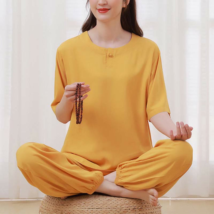Buddha Stones 2pcs Plain Color Frog-Button Simple Design Crew Neck Design Half Sleeve Shirt Top Elastic Waist Pants Meditation Zen Tai Chi Cotton Clothing Women's Set - Gold - US14，UK/AU18，EU46 (4XL) - image 6