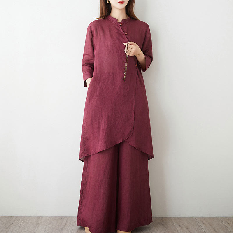 Buddha Stones Casual 2pcs Plain Three Quarter Sleeve Slanted Collar Shirt Top Skirt With Pockets Meditation Zen Tai Chi Clothing Women's Set