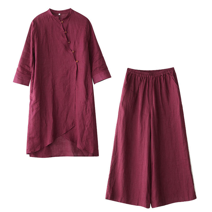 Buddha Stones Casual 2pcs Plain Three Quarter Sleeve Slanted Collar Shirt Top Skirt With Pockets Meditation Zen Tai Chi Clothing Women's Set
