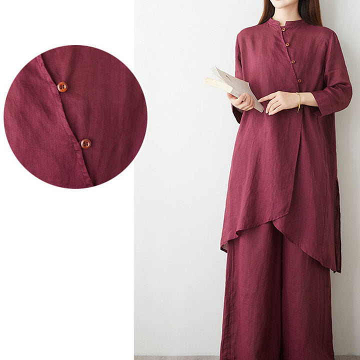 Buddha Stones Casual 2pcs Plain Three Quarter Sleeve Slanted Collar Shirt Top Skirt With Pockets Meditation Zen Tai Chi Clothing Women's Set - image 8