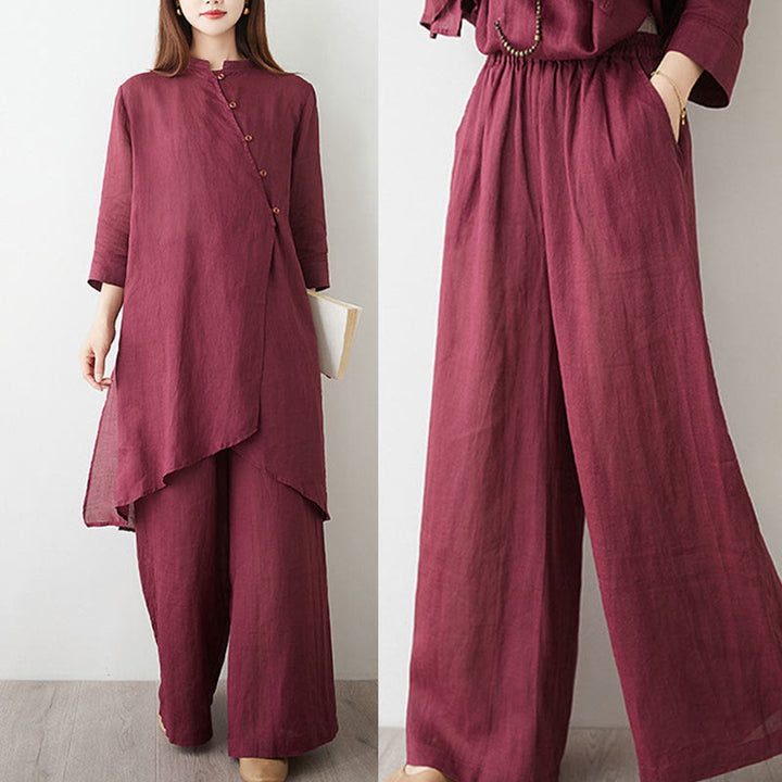 Buddha Stones Casual 2pcs Plain Three Quarter Sleeve Slanted Collar Shirt Top Skirt With Pockets Meditation Zen Tai Chi Clothing Women's Set