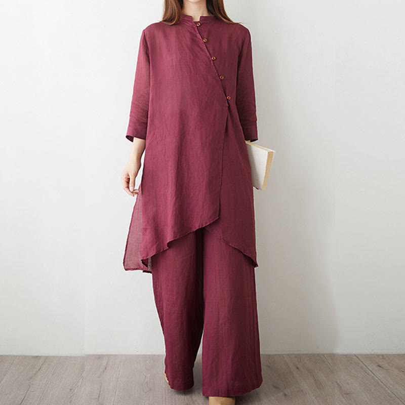 Buddha Stones Casual 2pcs Plain Three Quarter Sleeve Slanted Collar Shirt Top Skirt With Pockets Meditation Zen Tai Chi Clothing Women's Set