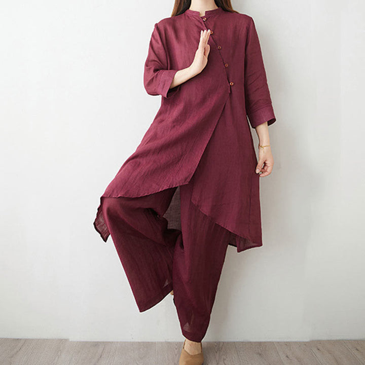 Buddha Stones Casual 2pcs Plain Three Quarter Sleeve Slanted Collar Shirt Top Skirt With Pockets Meditation Zen Tai Chi Clothing Women's Set
