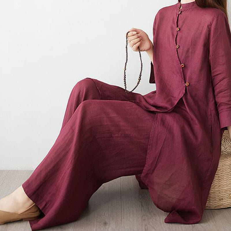 Buddha Stones Casual 2pcs Plain Three Quarter Sleeve Slanted Collar Shirt Top Skirt With Pockets Meditation Zen Tai Chi Clothing Women's Set