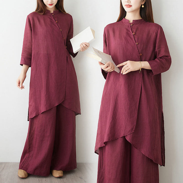 Buddha Stones Casual 2pcs Plain Three Quarter Sleeve Slanted Collar Shirt Top Wide Leg Pants With Pockets Meditation Zen Tai Chi Clothing Women's Set - image 16