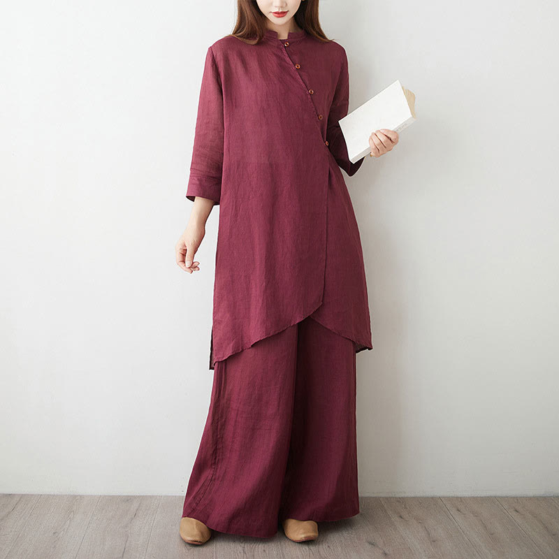 Buddha Stones Casual 2pcs Plain Three Quarter Sleeve Slanted Collar Shirt Top Skirt With Pockets Meditation Zen Tai Chi Clothing Women's Set
