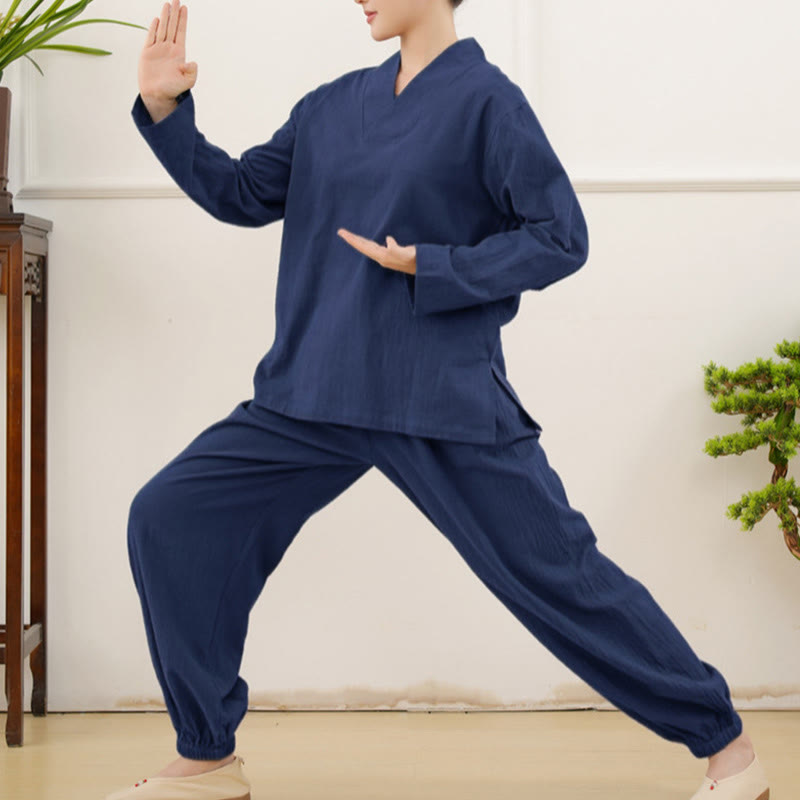 Buddha Stones Casual 2pcs Plain Long Sleeve Crumpling Design Shirt Top Skirt With Pockets Meditation Zen Tai Chi Clothing Women's Set