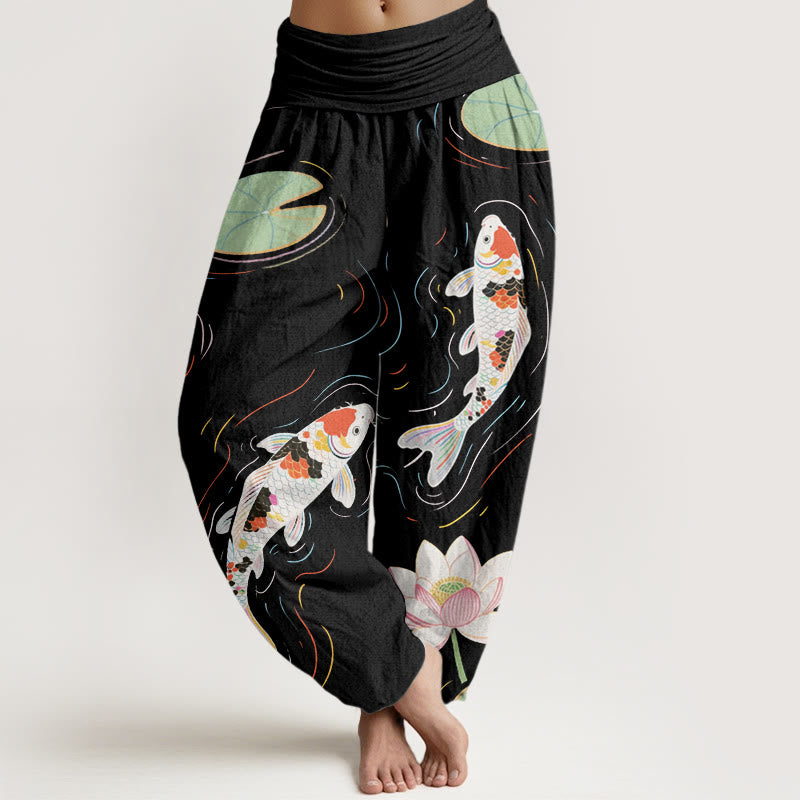 Buddha Stones Lotus Flower Lotus Leaves Koi Fish Water Ripples Pattern Women's Elastic Waist Harem Pants - Black - US22，UK/AU26，EU54 (6XL) - image 1