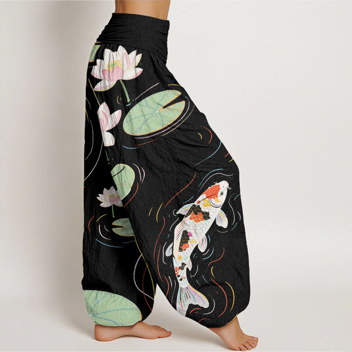 Buddha Stones Lotus Flower Lotus Leaves Koi Fish Water Ripples Pattern Women's Elastic Waist Harem Pants - image 3