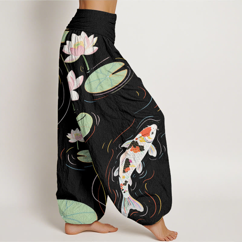 Buddha Stones Cotton Lotus Flower Lotus Leaves Koi Fish Water Ripples Pattern Women's Elastic Waist Harem Pants - image 2