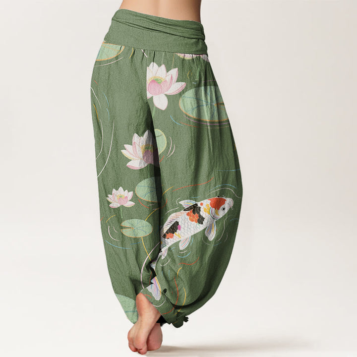 Buddha Stones Lotus Flower Lotus Leaves Koi Fish Water Ripples Pattern Women's Elastic Waist Harem Pants - image 6