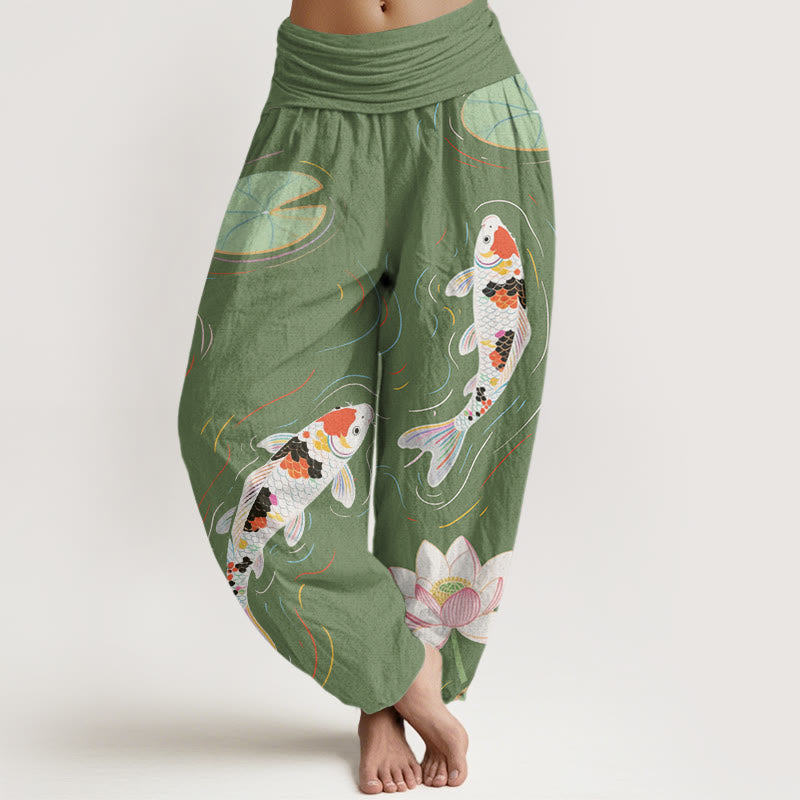 Buddha Stones Lotus Flower Lotus Leaves Koi Fish Water Ripples Pattern Women's Elastic Waist Harem Pants - MediumSeaGreen - US22，UK/AU26，EU54 (6XL) - image 5