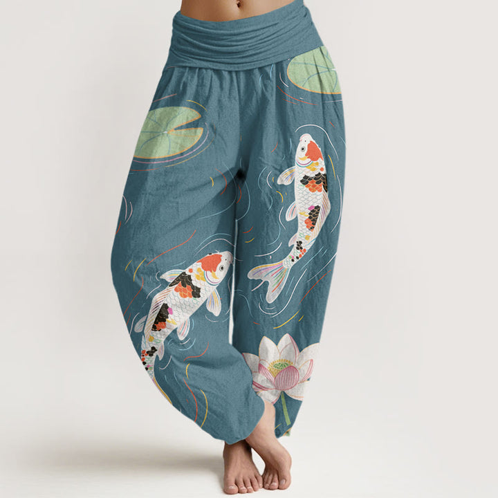 Buddha Stones Lotus Flower Lotus Leaves Koi Fish Water Ripples Pattern Women's Elastic Waist Harem Pants - LightSeaGreen - US22，UK/AU26，EU54 (6XL) - image 8