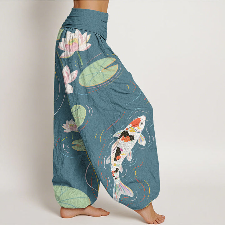 Buddha Stones Lotus Flower Lotus Leaves Koi Fish Water Ripples Pattern Women's Elastic Waist Harem Pants - image 10