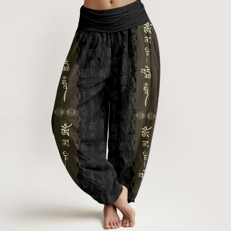 Buddha Stones Cotton Om Mani Padme Hum Pattern Women's Elastic Waist Harem Pants - Black - US22，UK/AU26，EU54 (6XL) - image 0