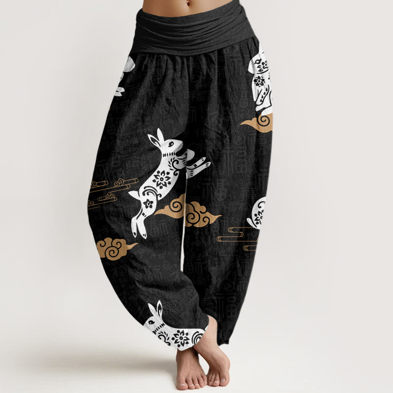 Buddha Stones White Rabbit Auspicious Cloud Pattern Women's Elastic Waist Harem Pants - Black - US22，UK/AU26，EU54 (6XL) - image 1