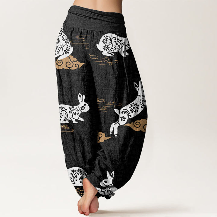 Buddha Stones Cotton White Rabbit Auspicious Cloud Pattern Women's Elastic Waist Harem Pants - image 1