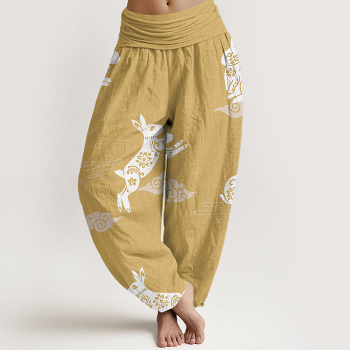 Buddha Stones White Rabbit Auspicious Cloud Pattern Women's Elastic Waist Harem Pants - Khaki - US22，UK/AU26，EU54 (6XL) - image 5