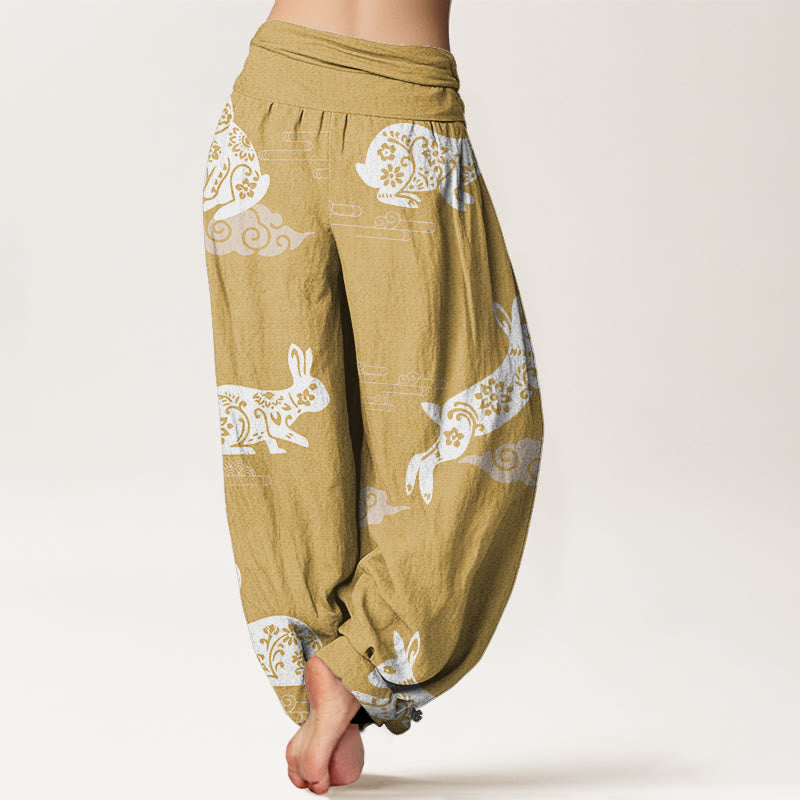 Buddha Stones Cotton White Rabbit Auspicious Cloud Pattern Women's Elastic Waist Harem Pants - image 5