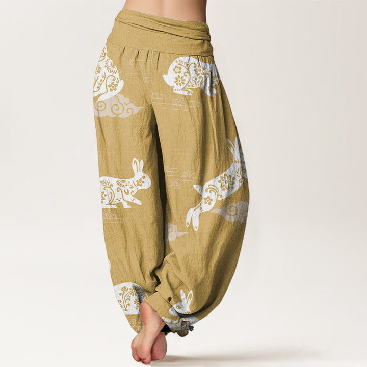 Buddha Stones Cotton White Rabbit Auspicious Cloud Pattern Women's Elastic Waist Harem Pants - image 5
