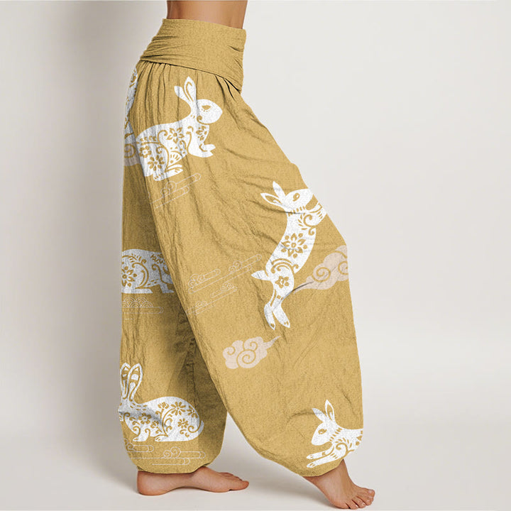 Buddha Stones Cotton White Rabbit Auspicious Cloud Pattern Women's Elastic Waist Harem Pants - image 6