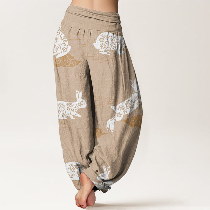 Buddha Stones Cotton White Rabbit Auspicious Cloud Pattern Women's Elastic Waist Harem Pants - image 8